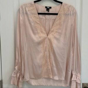 PAIGE Blush Pink Silk V-Neck Blouse with Lace Trim